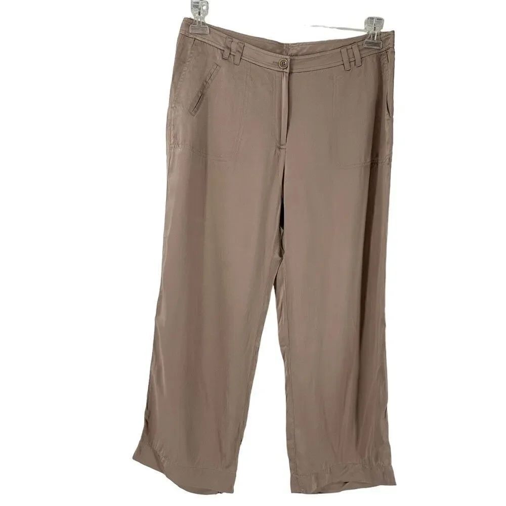 Calvin Klein Silk Pants Crop Wide Leg Mid Rise Size 8 Blush Taupe Flap Pockets